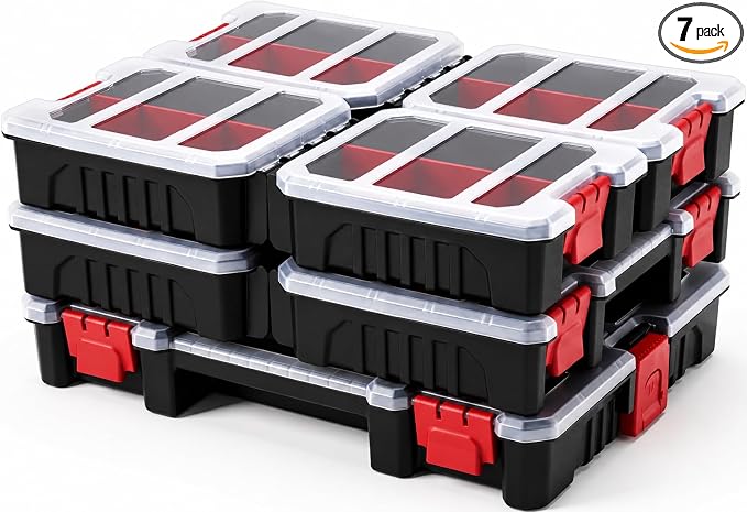 7-Pack Organizer Set – Multi-Size Storage Boxes with Removable Dividers – Hardware, Screw, Craft, and Small Parts Case System for Garage, Workshop, or On-the-Go Kits by GatorClamps
