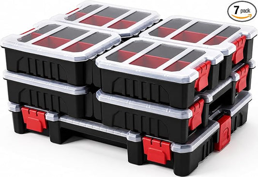 7-Pack Organizer Set – Multi-Size Storage Boxes with Removable Dividers – Hardware, Screw, Craft, and Small Parts Case System for Garage, Workshop, or On-the-Go Kits by GatorClamps