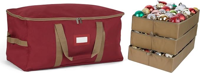 Covermates Keepsakes Adjustable Ornament Storage Bag – Heavy-Duty Polyester, Padded Dividers & FlexGrid Trays – Protective Holiday Ornament Organizer with Handles & Label Window, Red by Covermates