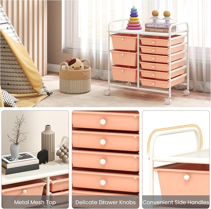 Moccha 9-Drawer Rolling Storage Cart - Under Desk Storage Drawers with wheels for Craft Art Supply Paper Salon, Scrapbook Paper Tools, Mobile Utility Cart for Classroom, Peach - Image 6