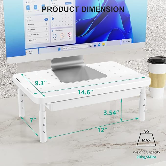 WALI Computer Monitor Stand with Storage, Monitor Riser 3 Height Adjustable | Laptop Riser with Airflow Vents, Desk Organizer for Computer, Printer, Notebook (PTT002-W), 1 Pack, White - Image 6