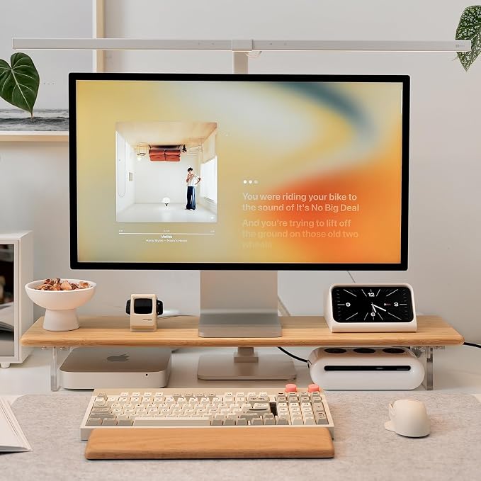 Bamboo Monitor Stand Riser, Natural Desk Shelf with Acrylic Legs | 31.5-Inch Wide, 3.3-Inch Clearance, Fits Monitor, Laptop, Printer and Speakers for Small Desks by Rocdeer
