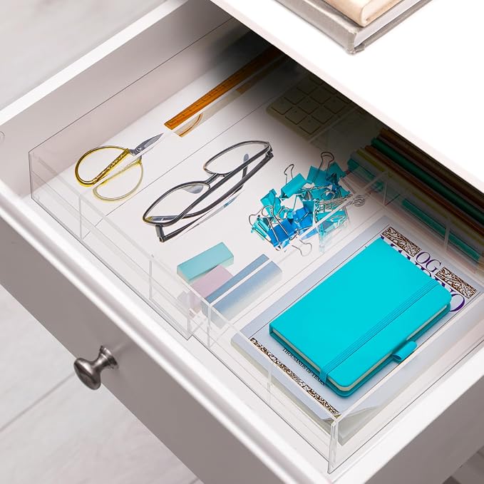 Briwooody 2 Pcs Acrylic Drawer Organizer 9'' up to 18'' x 15'' x 2'' Expandable Drawer Organizer Pens Notebook Ruler Makeup Tray with 7 Adjustable Compartments for Desk Office Kitchen Bathroom(Clear) - Image 6