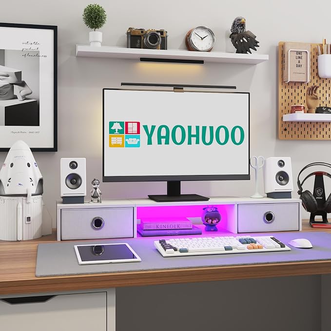 YAOHUOO Dual Monitor Stand with LED Light 2 Drawers, Computer Monitor Riser for 2 Monitors, Large Desktop Organzier with Storage for PC/Laptop/Computer/TV Screen/Printer - Image 4
