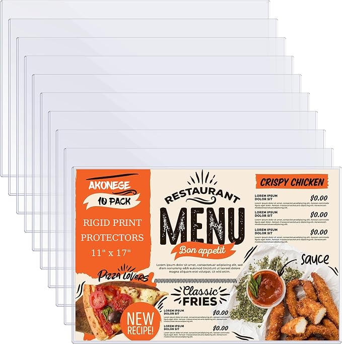 AKONEGE 10Pcs 11" x 17" Rigid Print Protectors Hard Plastic Sleeves for Prints, Menu Cover, Heavy Duty Sheet Poster Protectors Clear Plastic Sleeves for Paper Photos Documents Magazines, Horizontal by AKONEGE