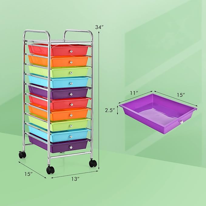 Storage Cart, Rolling Utility Cart with 10 Drawers, Portable Handles & Lockable Wheels, Mobile Paper Toys Storage Organizer Large Capacity for Home Office School Teacher (Multi-Color) - Image 3