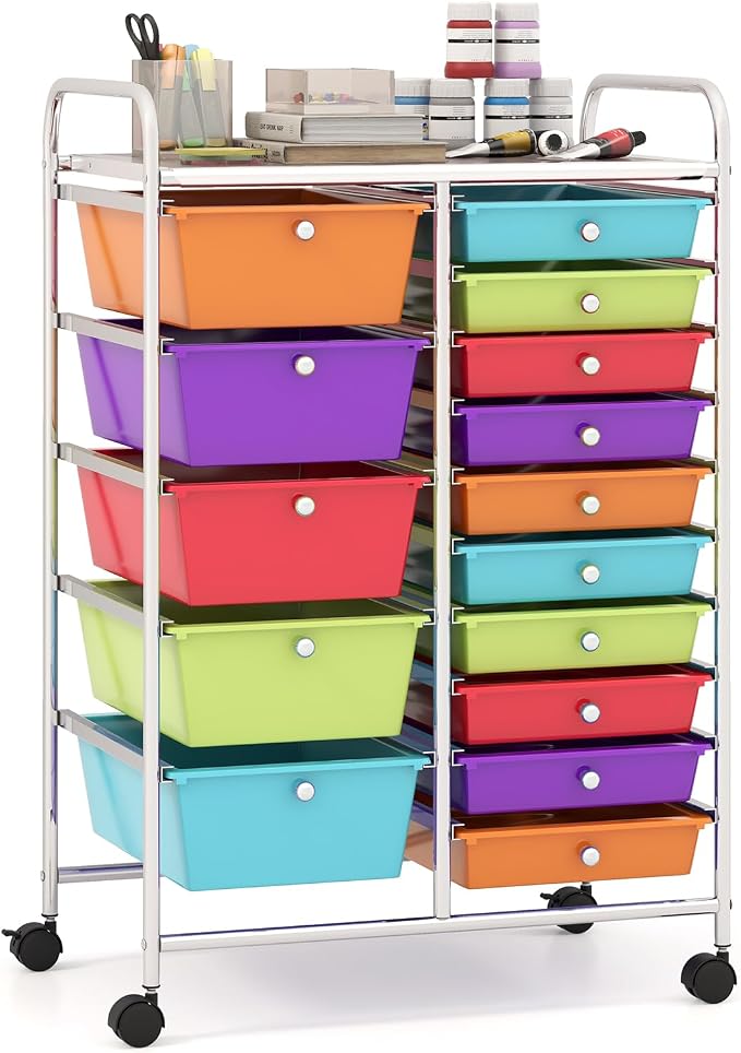 Giantex 15-Drawer Organizer Cart Office School Storage Cart Rolling Drawer Cart for Tools, Scrapbook, Paper (Multicolor) by Giantex