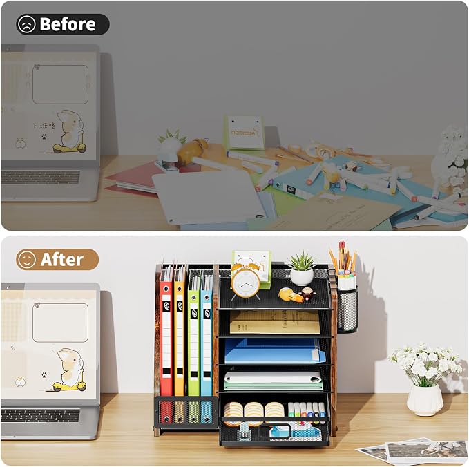 Marbrasse Desk Organizer with File Holder, 5-Tier Paper Letter Tray Organizer with Drawer and 2 Pen Holder, Mesh Desktop Organizer and Storage with Magazine Holder for Office Supplies (Wood-Brown) - Image 7