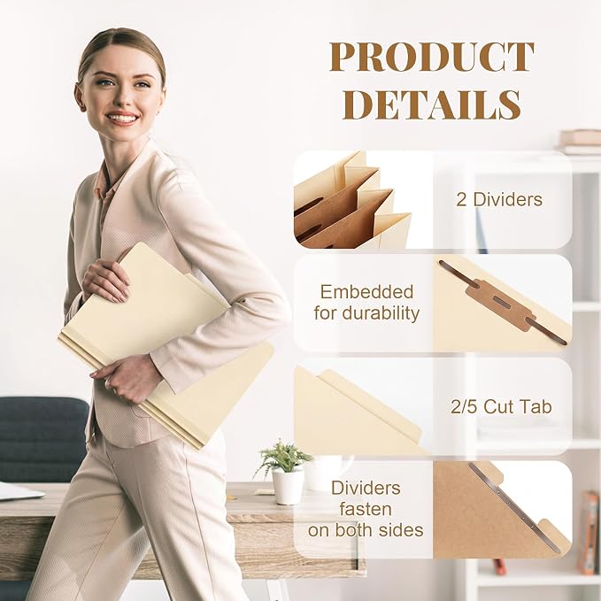 AmazingSpark 24 Pcs Classification Folders Letter Size Bulk 2 Divider Pressboard File Folder with Expansion 2 Prongs Fastener Heavy Duty Office File Organizer for School Project Document(Beige) - Image 3