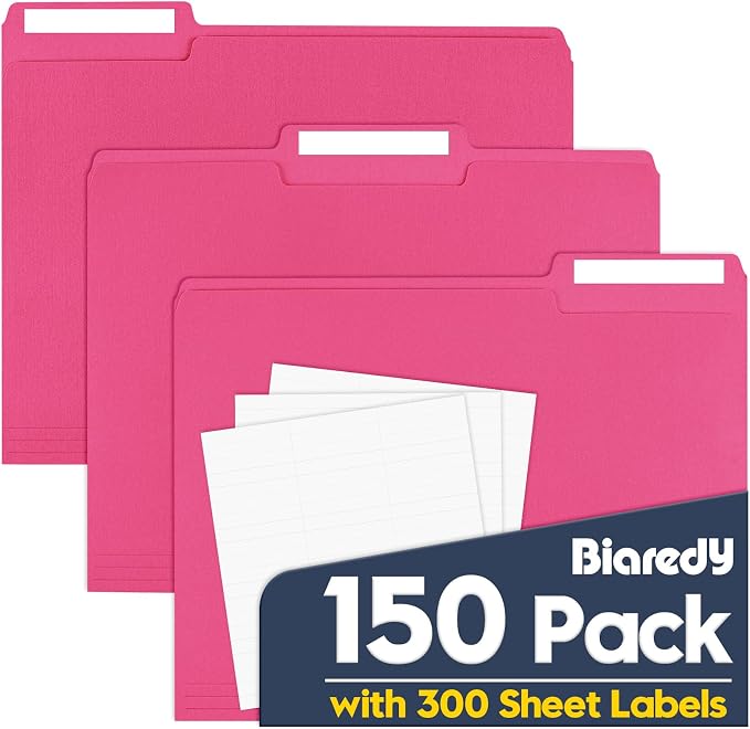 File Folders,Colored File Folders Letter Size,8.5" x 11",150 Pack 1/3 Cut Tab Durable Paper Bulk Folders with Blank Labels,File Folders for Office Business Home School Use,Magenta by Unknown