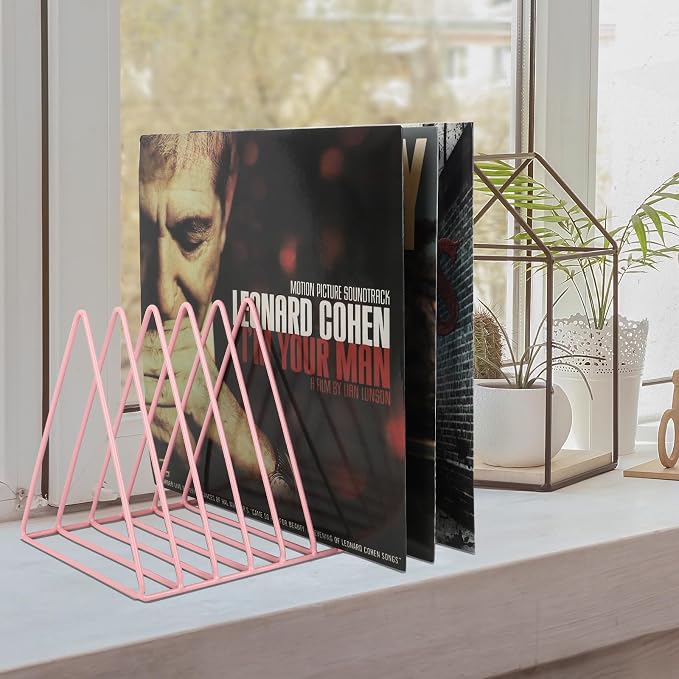Vinyl Record Holder Storage, 9 Slot Metal Magazine Book Album Display Rack, Stylish Triangle Desktop File Sorter Organizer for Home Office, Pink - Image 6
