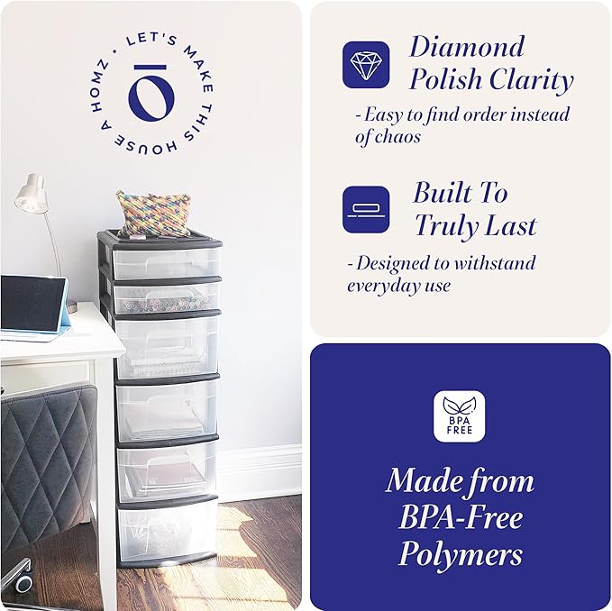 HOMZ Drawer Tower, 6-Tier Storage Cart with Removable Wheels, Black Frame | Plastic Organizer with Clear Bin Drawers for Bedroom, Bathroom, Home Office, and Dorm Rooms - Image 4