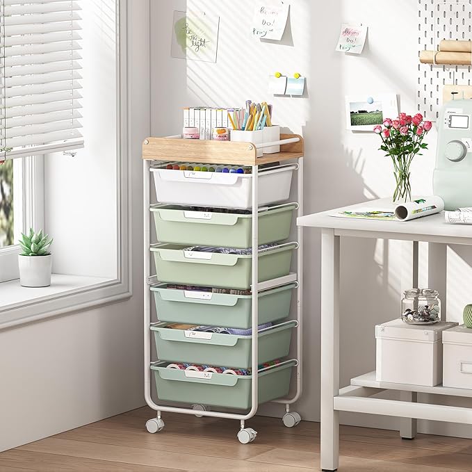 Rolling Craft Storage Cart with 6 Drawers, Art Cart,Green | Utility Cart with Wooden Top, for Craft Room, Kids Art Station, Sewing Storage, Space-Saving for Home Office & Bedroom - Image 8