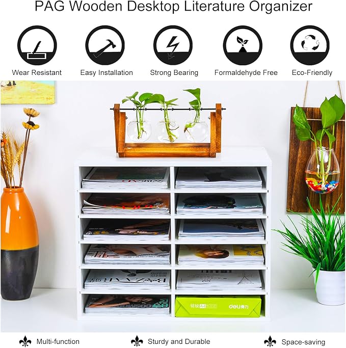 Countertop Mail Sorter Organizer, Wooden Literature Organizer, Student Mailbox for Classroom, Desktop Bill Organizer for Office Home School, 12 Compartments, White - Image 6