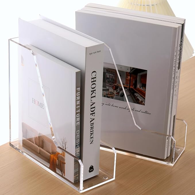HeZone Acrylic Magazine Rack File Holder Desk Organizers and Storage 2-Pack Small Clear Acrylic Vertical Magazine Holder Book Stand for Office Desk - Image 2