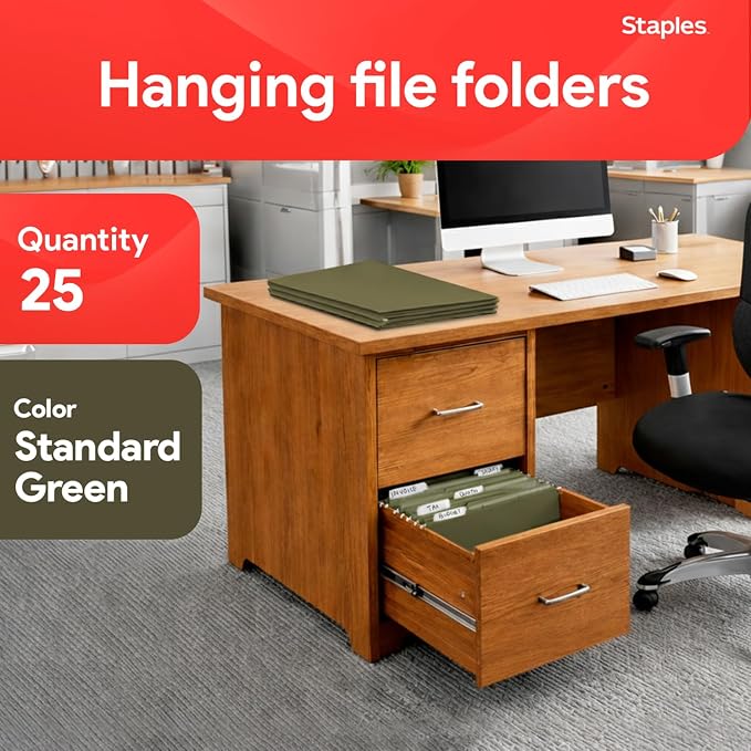 Staples Reinforced Box-Bottom Hanging File Folders, 3" Expansion, 1/5-Cut Tab, Letter Size, Standard Green, 25/Box - Image 2