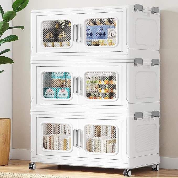 BROVIEW 360 Qt/90 Gal Stackable Storage Bins with Lids, 3 Pack, White | Large Stackable Storage Boxes w/ 3 Lid Folding Plastic Cart Organizer for Home Kitchen, Open Front Clear Door with Wheels by BROVIEW-EnjoytheArtofLife