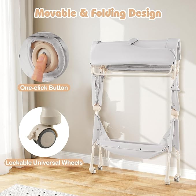 INFANS Baby Changing Table with Wheels, Portable Folding Diaper Station Nursery Organizer with Storage Basket, Hanging Rack, Adjustable Height, Safety Belt for Newborn Infant (Light Gray) - Image 6
