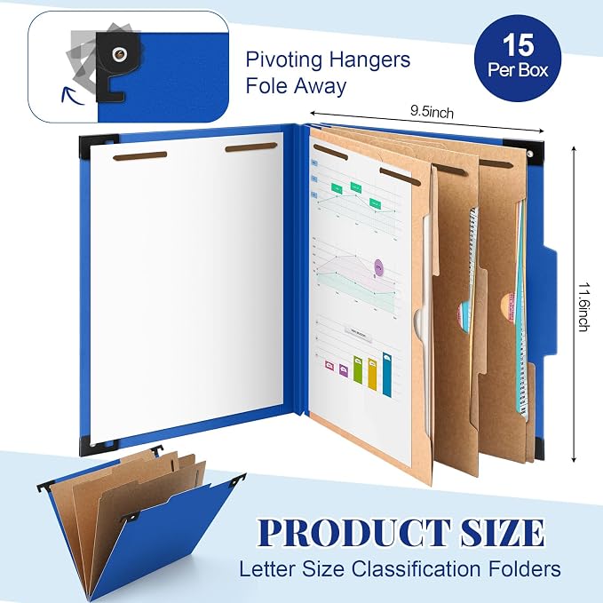 Henoyso 15 Pcs Hanging Classification Folders,3 Pocket Dividers,Dark Blue | Letter Size, Hanging File Folders with 3 Pockets, 4" Expansion, 8 Prong Fasteners, 1/3 Tab Cut, 8 Sections, Pressboard Manila - Image 2