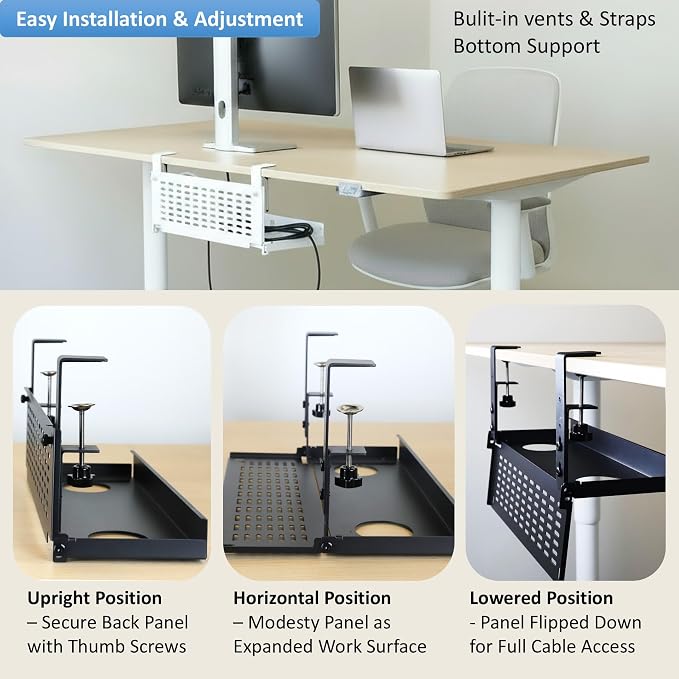 AEONS Universal Under Desk Cable Management Tray-Clamp Mount Hinged Swing Modesty Panel Organizer for Office Desks Easy Access Flip-Down position Power Strip Cord Storage No-Drill 25 lb Capacity White - Image 5