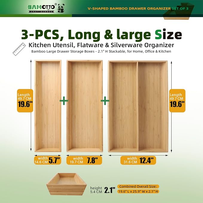 BAMOTTO CRAFTBAMBOO Large Long V-Shaped Bamboo Drawer Organizer Set of 3 | Silverware & Cutlery Tray | Flatware & Utensil | Kitchen & Bathroom | 19.6"×5.7" & 19.6"×7.8" & 19.6"×12.4" - Image 2