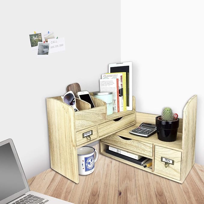 Ikee Design Large Extendable Wooden Desktop Organizer For Office Supplies | EXTENDABLE DESK ORGANIZER: Wooden shelf with compartments for books and office supplies; 17.25"W x 7.5"D x 12"H. - Image 8