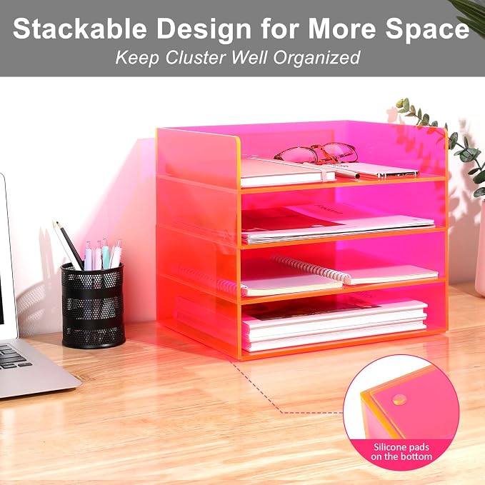 Gelite Acrylic File Organizer for Desk 4 Tiered Stackable Letter Tray Office Paper Storage Desktop Document Sorter, Neon Pink - Image 6