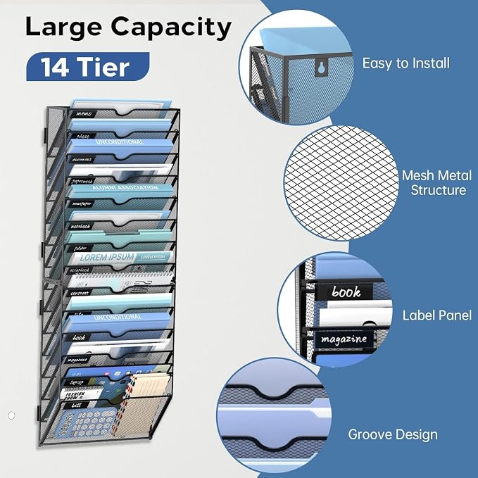 14-Tier Wall File Organizer and Hanging File Organizer, Black | Wall Organizer and Wall Mounted File Holder with 14 Pockets and Label Panels for Files, Mail, Folders, Magazines and Paper - Image 4