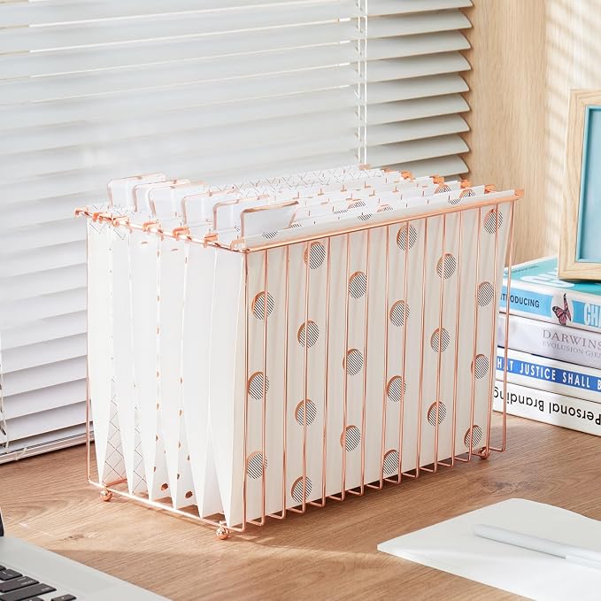 Y YOMA 1 Pack Rose Gold Desktop Hanging File Organizer | 12 Pack Rose Gold Hanging File Folders with Tabs & Insert | Letter Size Metal File Kit for Desk Home Office, I Shaped - Image 7