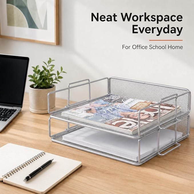 EXERZ Letter Trays 2pcs Stackable Paper Sorter/Desk File Tray/Desk Organizer - Metal Rack - Office, School, Home(Silver Grey Colour) | Two Tier Metal Mesh Stackable Saves Desk Space Holds A4 Papers Folders Notebooks Magazines For Office Home School - Image 6