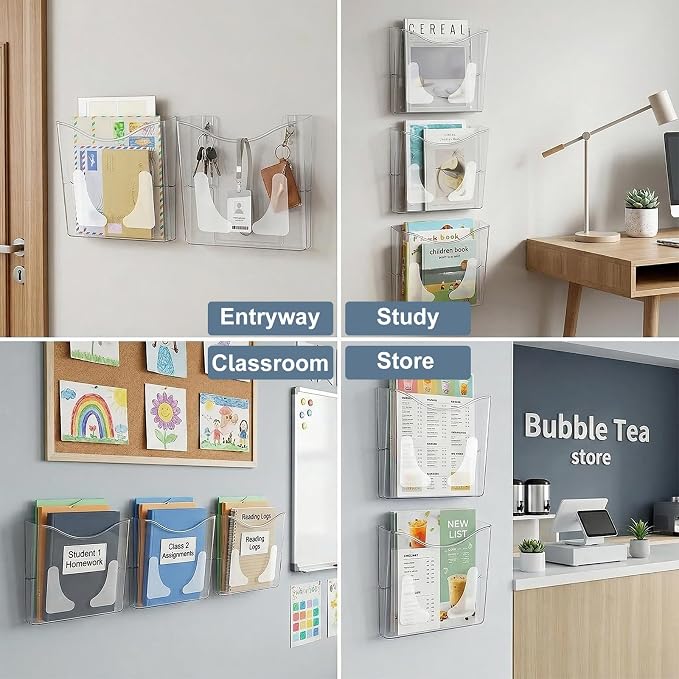 6-Pocket Clear Wall Mount File Organizer for Office, Vertical Hanging Document Paper Folder Holder for Home, Letter Size Mail Sorter, Transparent Magazine Literature Rack with Mounting Hardware - Image 3