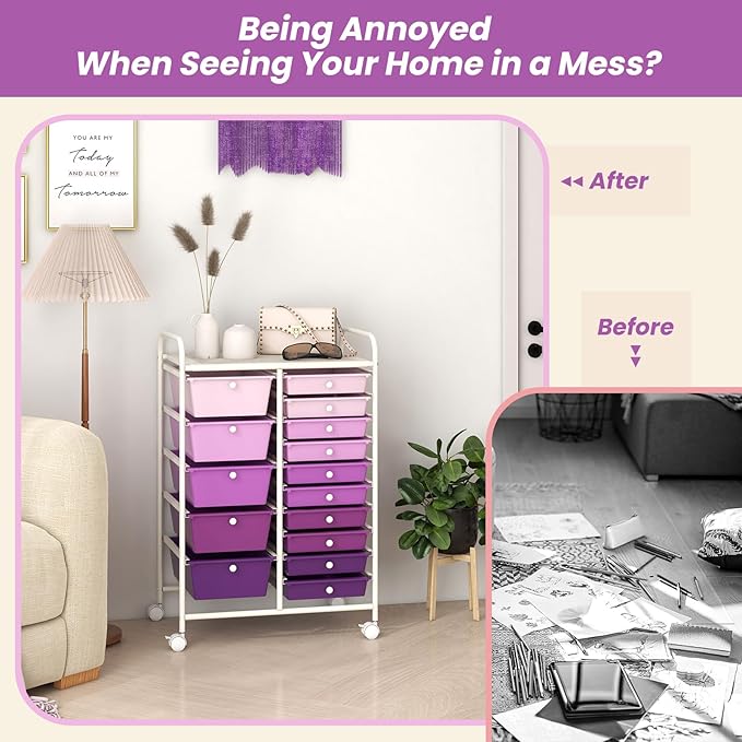 DORTALA 15-Drawer Rolling Storage Cart with Drawers, Rolling Utility Cart w/Removable Drawers & Universal Wheels, Tools Scrapbook Paper Organizer for School, Office, Home, Classroom (Gradient Purple) - Image 8