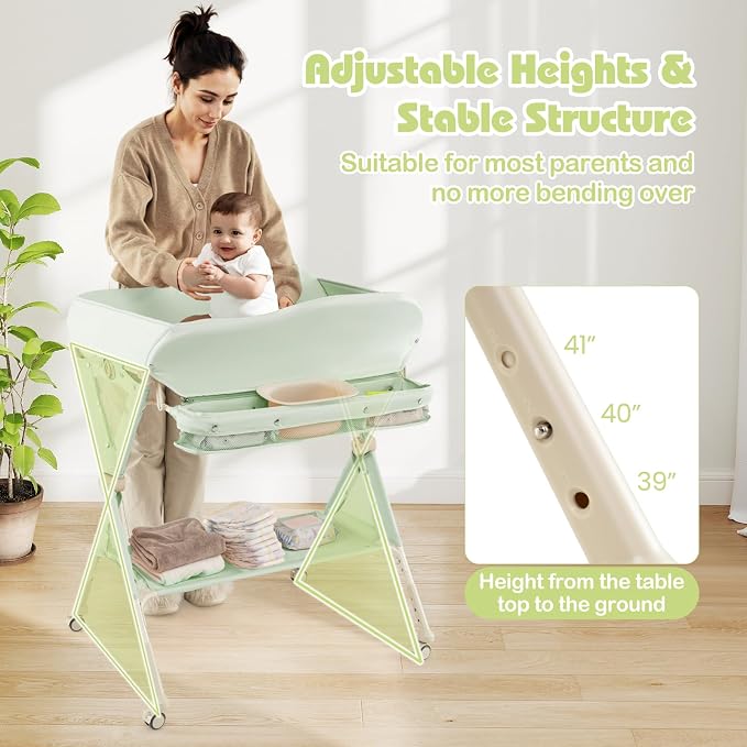 INFANS Baby Changing Table with Wheels, Portable Folding Diaper Station Nursery Organizer with Storage Basket, Hanging Rack, Adjustable Height, Safety Belt for Newborn Infant (Green) - Image 7
