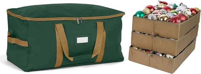 Covermates Keepsakes Adjustable Ornament Storage Bag – Heavy-Duty Polyester, Padded Dividers & FlexGrid Trays – Protective Holiday Ornament Organizer with Handles & Label Window, Green by Covermates