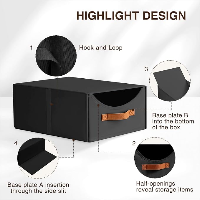 Stackable Storage Drawers - Large Collapsible Storage Bins with Drawers, 8 Pack Closet Shelf Organizer Basket, Fabric Pull Out Organizer for Bedroom, Living Room, Dorm, Black - Image 4