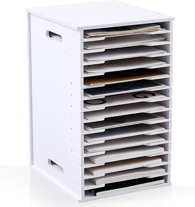 15 Tier 8.5" x 11" Scrapbook Paper Organizer, White Cardstock File Organizer with Adjustable Shelves, Stackable Paper Trays, Desktop Storage Rack Document Holder for Desk Home Office by Juexica
