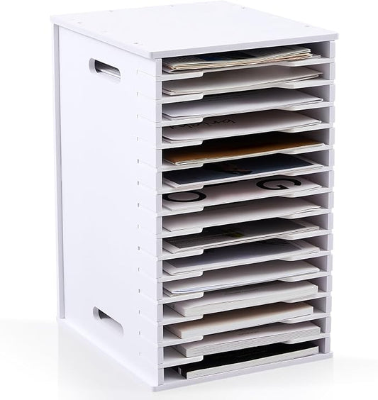 15 Tier 8.5" x 11" Scrapbook Paper Organizer, White Cardstock File Organizer with Adjustable Shelves, Stackable Paper Trays, Desktop Storage Rack Document Holder for Desk Home Office by Juexica
