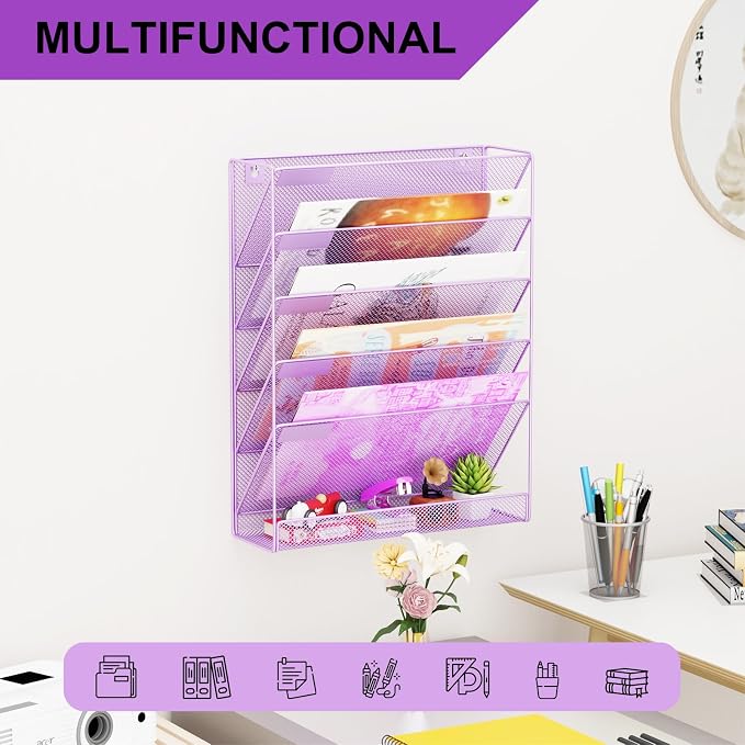 Wall File Organizer Holder Mesh Hanging Paper Document Holder, Vertical 6 Pocket Tier for Office Home, Light Purple - Image 6