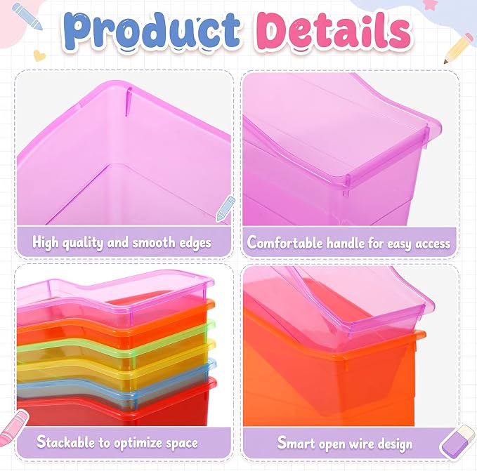 Blosssound 12 Set Book Bins for Classroom with Label Sticker Book Box Baskets Plastic Stackable Organizing Bins Storage & Organization for Classroom Library Home School Supplies (Translucent Colorful) - Image 3
