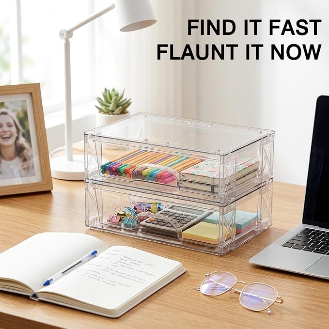 Clear Stackable Storage Drawers 2 Pack 3.5in Organizer Plastic Bins | Clear Plastic, Pull-Out Drawers, Easy Assembly, Stackable Design, for Cosmetics Bathroom Kitchen and Cabinet Storage - Image 7