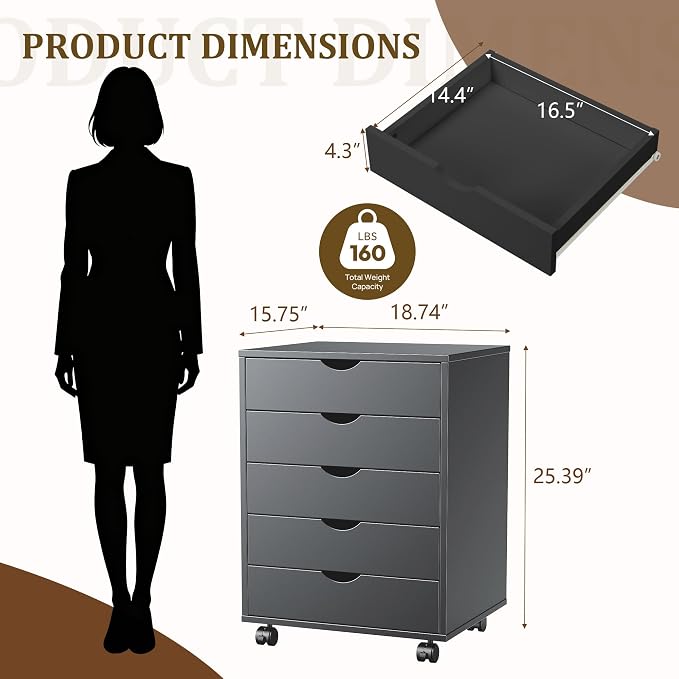 5 Drawer File Cabinet with Wheels, Under Desk Storage Drawers, Black | 5 Drawers File Cabinet with Wheels for Under Desk Storage, Office Organization and Small Printer Stand - Image 3