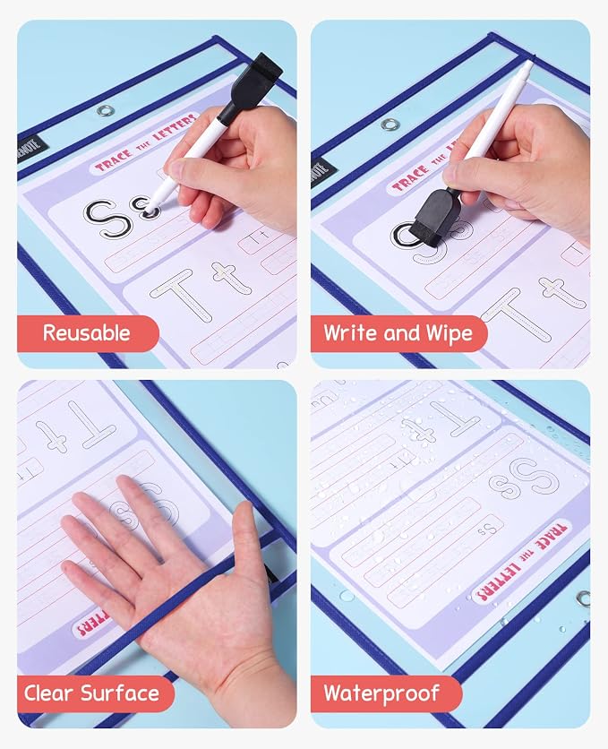 GAMENOTE 30 Pack Dry Erase Pockets, 10x14 Reusable Sleeves, Blue | 30 reusable PVC pockets hold 8.5 x 11 and 9 x 12 sheets; double sided wipe clean surfaces, pen loops, eyelets, and 5 rings - Image 5