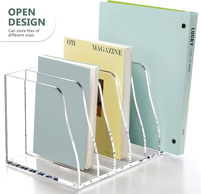 SANRUI Acrylic Magazine File Holder, 6 Vertical Compartments Desk Document Sorter Organizer, Clear Folder Rack Binder Bookstore Workspace Sorters for Office Accessories Organization Storage - Image 3