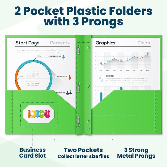 IJIGU 48 Packs 2 Pocket Folders with 3 Prongs Fastener Clasps, Bulk Heavy Duty Plastic Folders, Multicolor Files Folders in 6 Colors for School and Office - Image 2