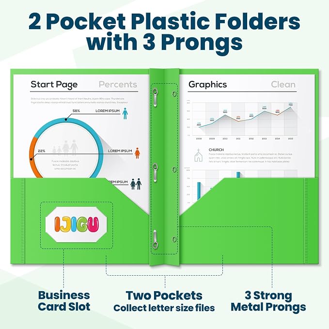 IJIGU 2 Pocket Folders with Prongs, Bulk 144 Pack, 6 Assorted Colors | 3-Prong Fasteners, Durable Heavy-Duty Plastic, Letter Size, Business Card Slot, for School Office and College Supplies - Image 2