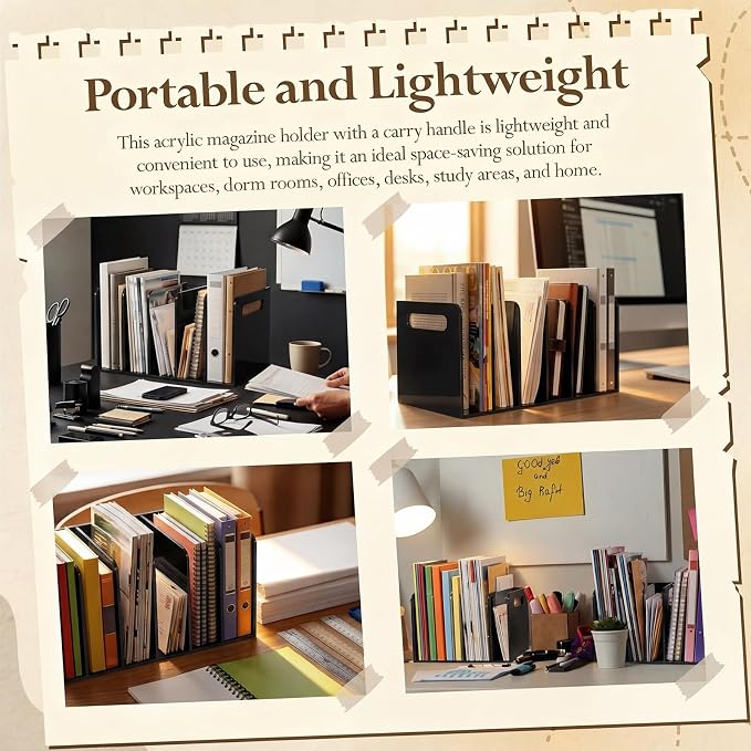 Didaey 1 Pack Acrylic Magazine File Holder, 5 Vertical Compartments Desk Sorter Organizer Magazines Documents Books Accessories Black Folder Rack Binder for Office Home(B5, 5 Sections, Black) - Image 6