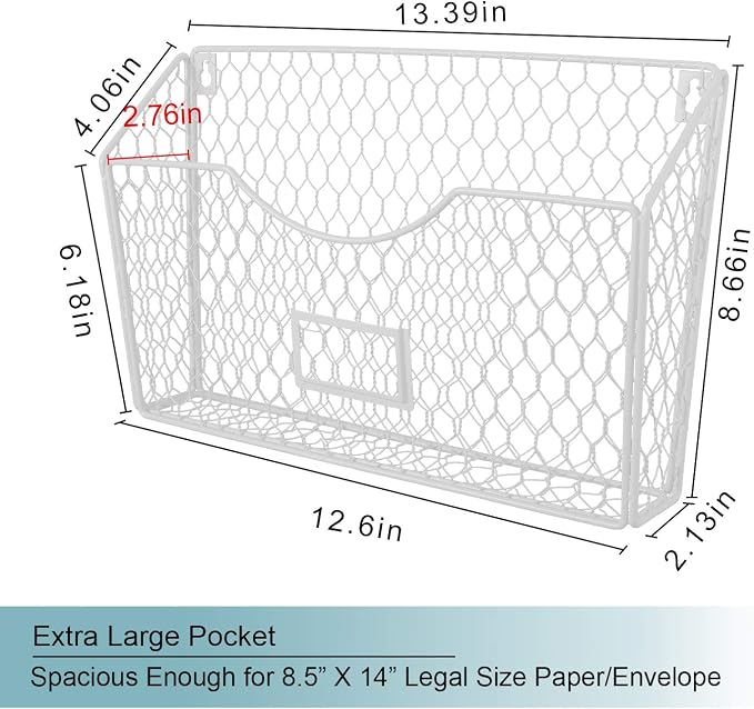 6 Pockets Hanging File Holder Wall Mount Mail Organizer Metal Chicken Wire Magazine Rack with Tag Slot, White - Image 4