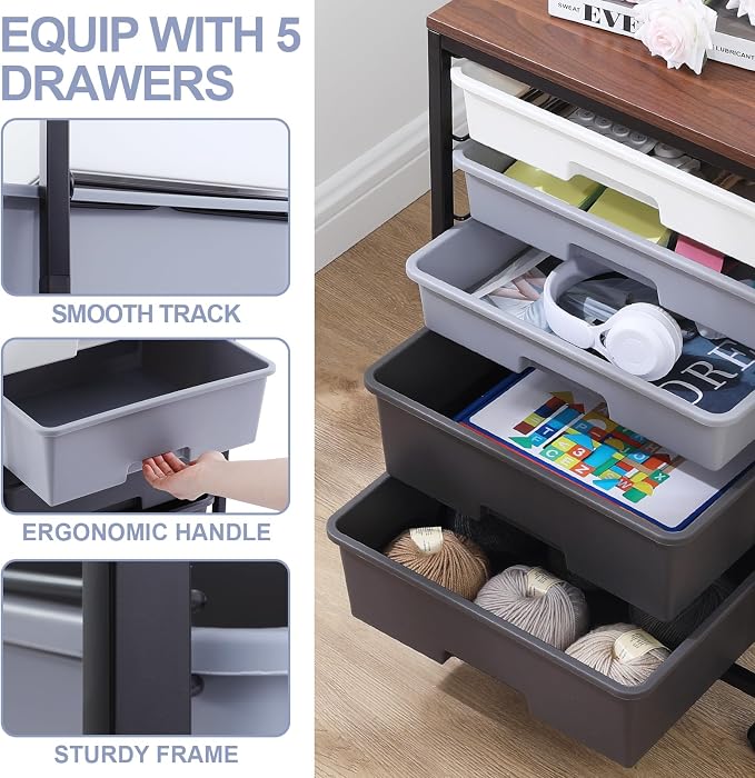SYKIARIOL Utility Cart with Drawers,5 Drawers Storage Cart,Dark Grey | 5-Tiers Storage Cart with Drawers with Lockable Wheels for Craft Organizers and Storage,Home Office,Classroom,Dorm,Playroom - Image 4