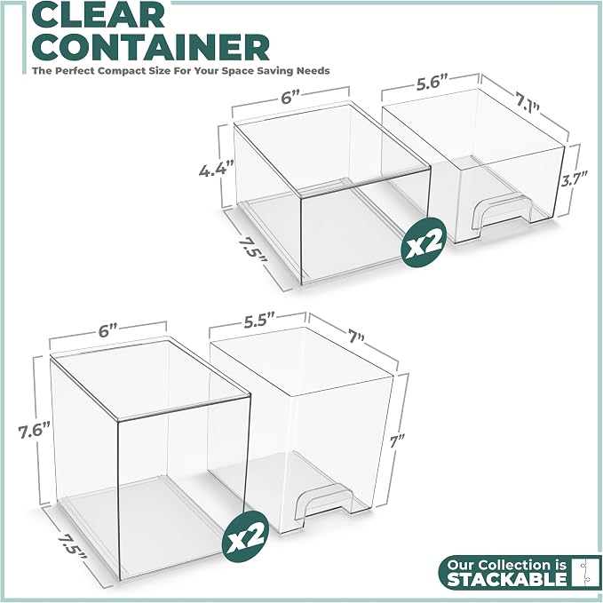 Sorbus Acrylic Storage Containers - 4 Pack, Stackable Storage Bins Set for Bathroom Organization - Clear Acrylic Drawer Organizers - Makeup Case Pull-Out Drawers (7.6’’ and 4.4’’ Tall) - Image 3