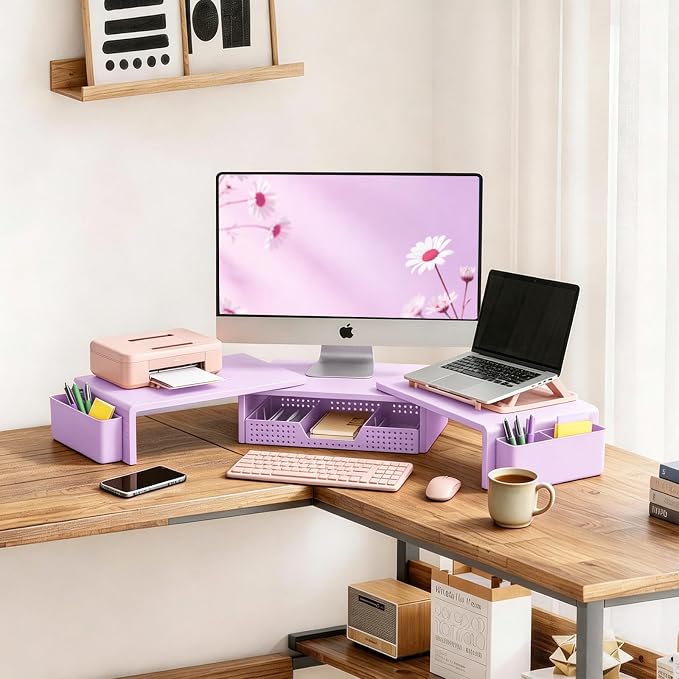LEKETREE Dual Monitor Stand Riser with Drawer, Desk Organizer and Accessories, Monitor Stand for Desk, Desktop Stand for Computer, Laptop, TV and More (Purple) - Image 2